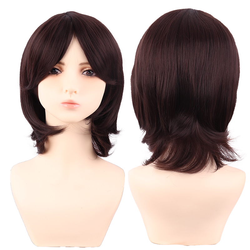潼漫 cos假发女短发万用咖啡色深棕色40CM中长齐斜刘海高温丝头套