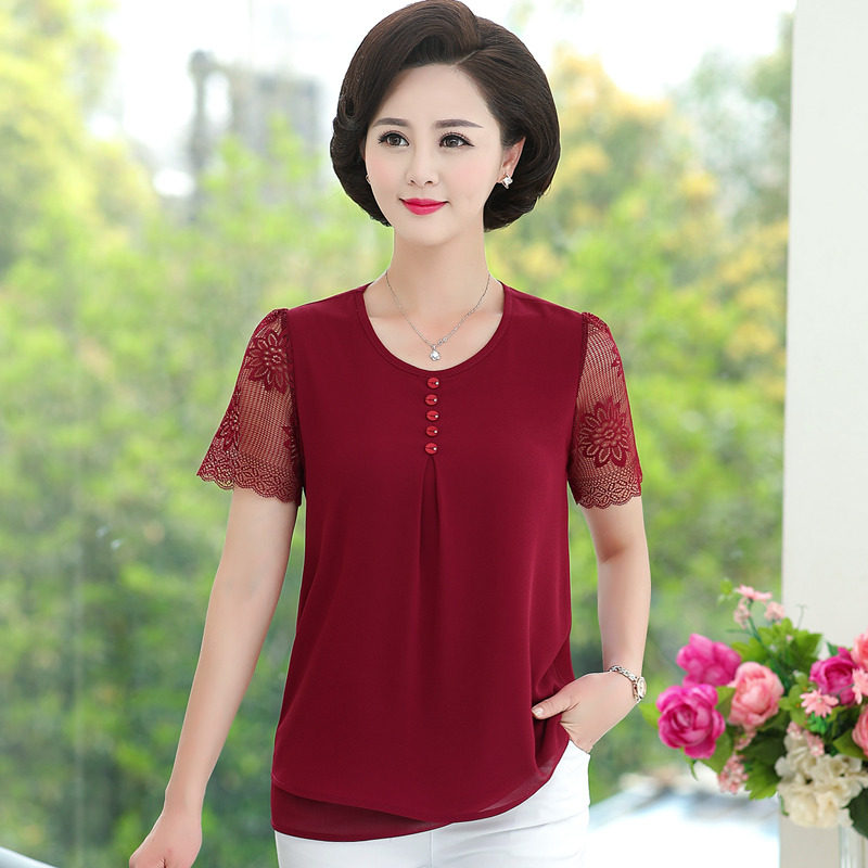 中老年女装T恤雪纺短袖中年妈妈装上衣大码夏装宽松时尚洋气妇女