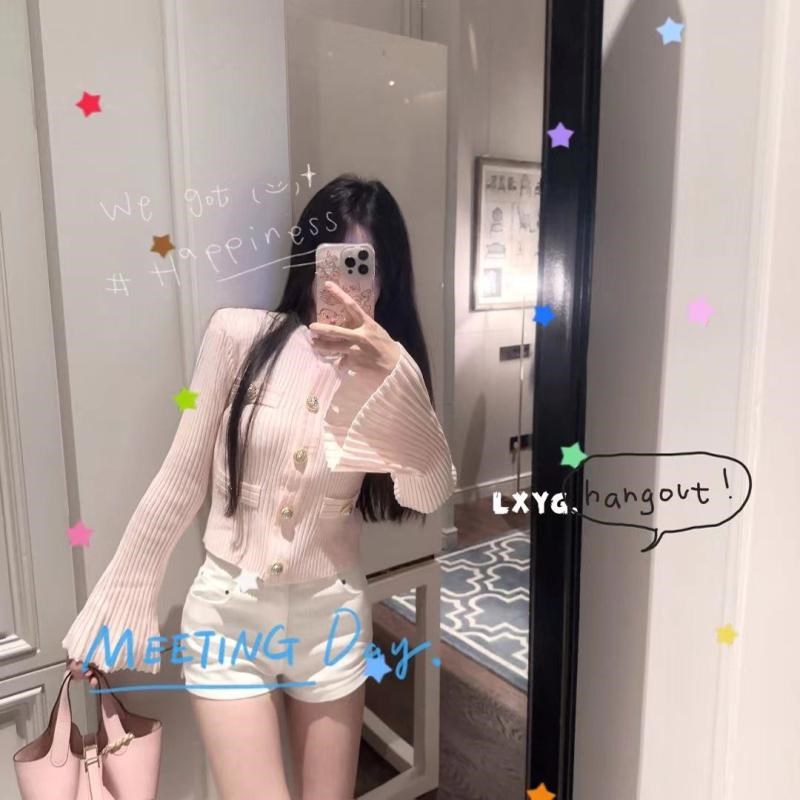 LXYG小香高级感垫肩针织开衫外套女2025春新款气质喇叭袖短款上衣