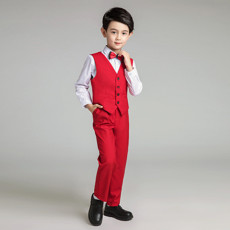 男童小西服男孩马甲套装儿童礼服钢琴演出服模特走秀表演服装红色
