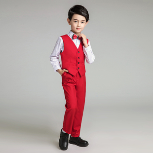 男童小西服男孩马甲套装儿童礼服钢琴演出服模特走秀表演服装红色