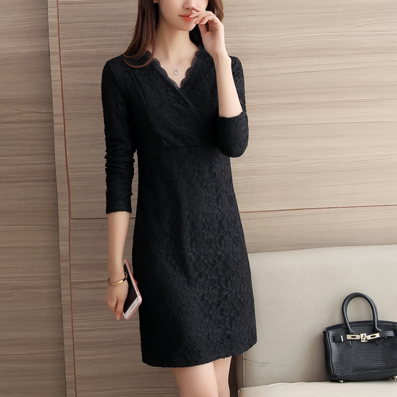 加绒加厚长袖t恤2021新款女装中长款v领蕾丝打底衫大码显瘦上衣服