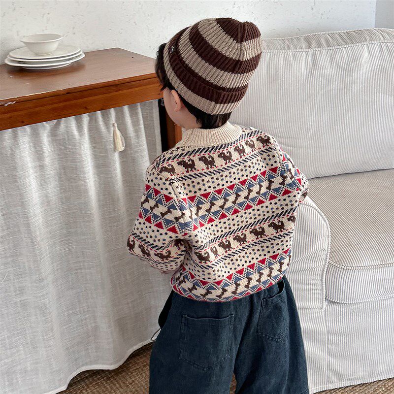 暮晨家新款冬装2024男童加厚半高领毛衣中小童复古风提花毛衣内搭