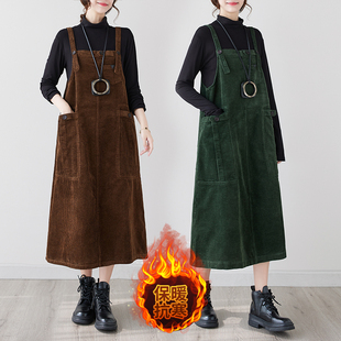 大码 背心裙 秋冬文艺灯芯绒背带连衣裙休闲气质单排扣加厚长裙无袖