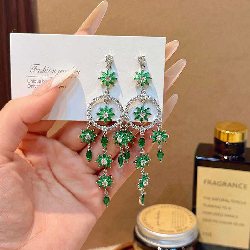 设计感彩色锆石耳环女士气质花朵流苏长款耳坠百搭耳饰品度假风