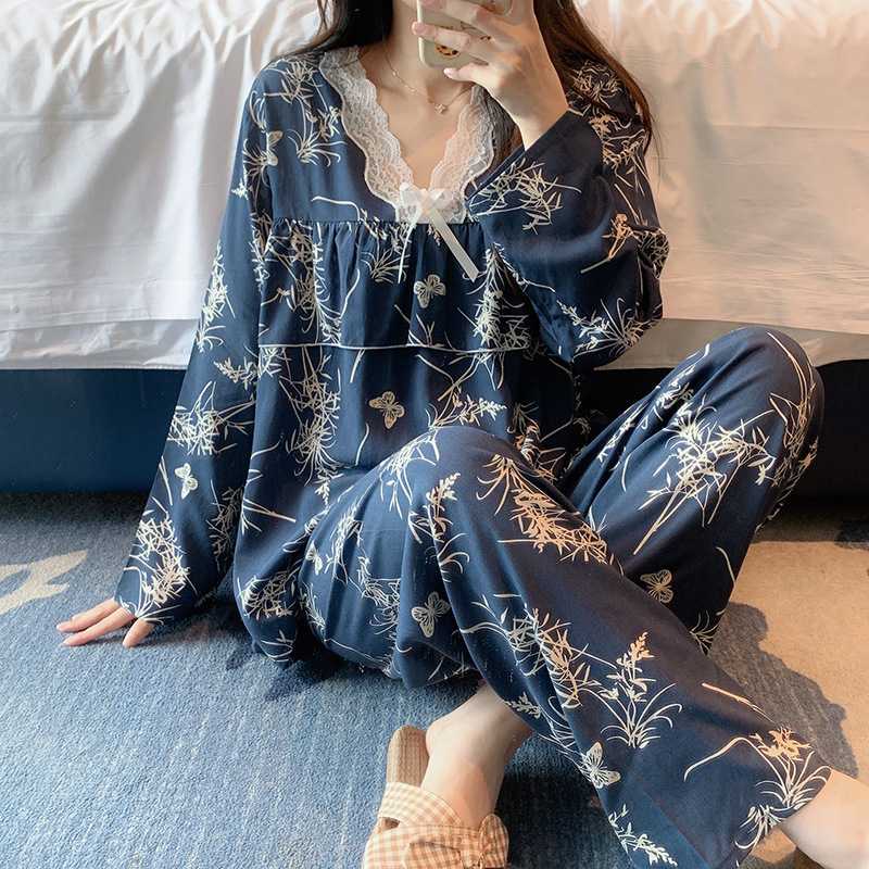 棉绸世家2025蕾丝蝴蝶结绵绸睡衣女春秋家居服套装可外穿休闲长袖