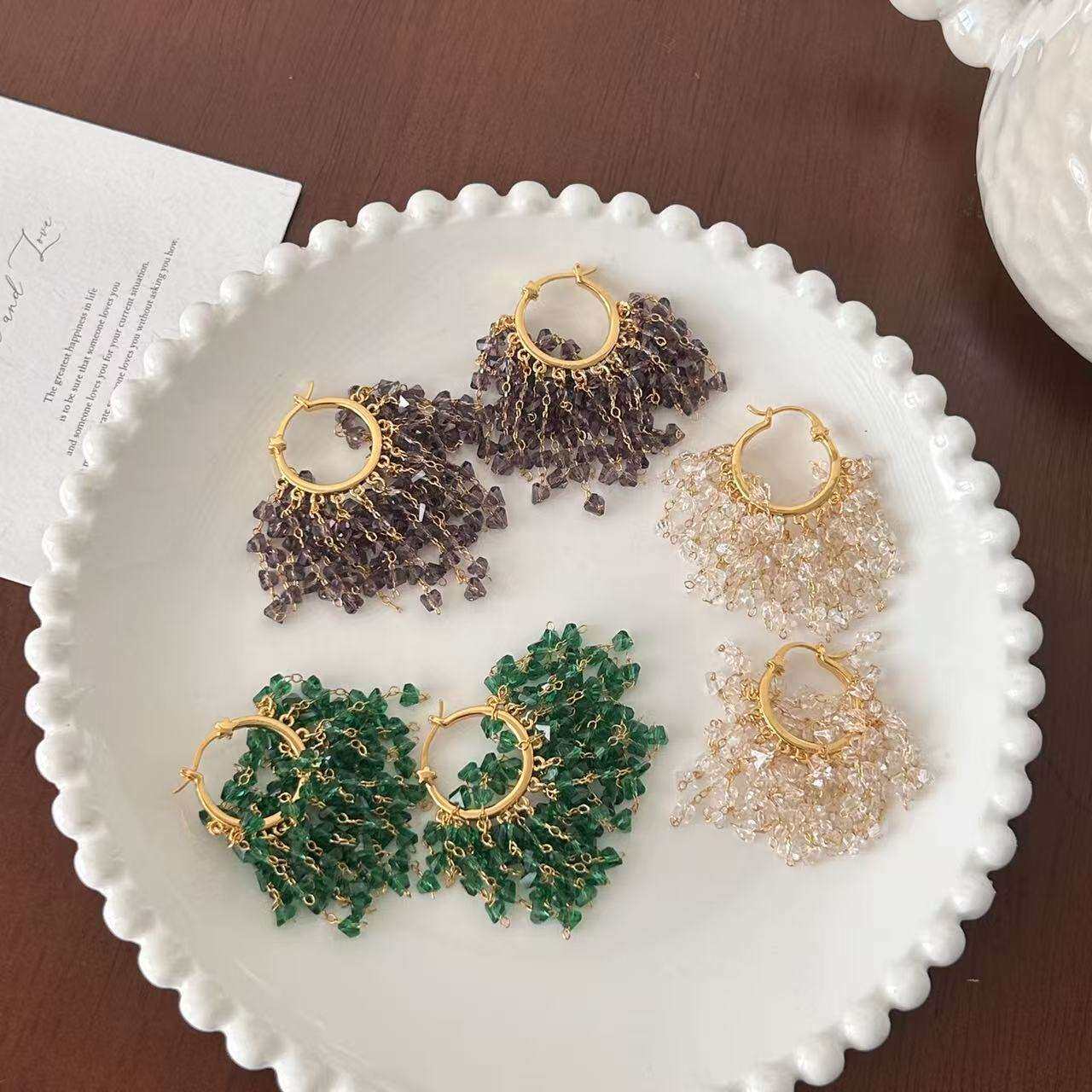 欧美夸张水晶流苏耳扣时尚个性气质耳环轻奢高级感耳饰设计感小众