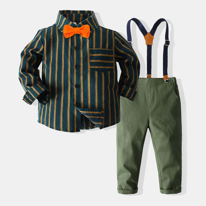 男童长袖衬衫秋季童装宝宝绅士英伦背带裤周岁花童条纹礼服套装