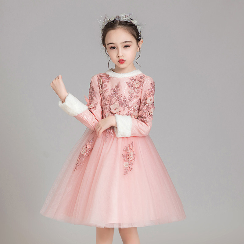 女童加厚礼服公主裙生日长袖加绒花童主持人儿童钢琴演出服秋冬季