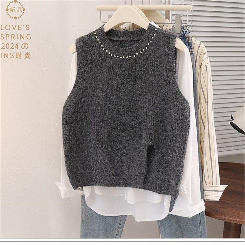 休闲时尚毛衣女背心秋冬季新款灰色亮片开衫针织马甲无袖叠穿马夹