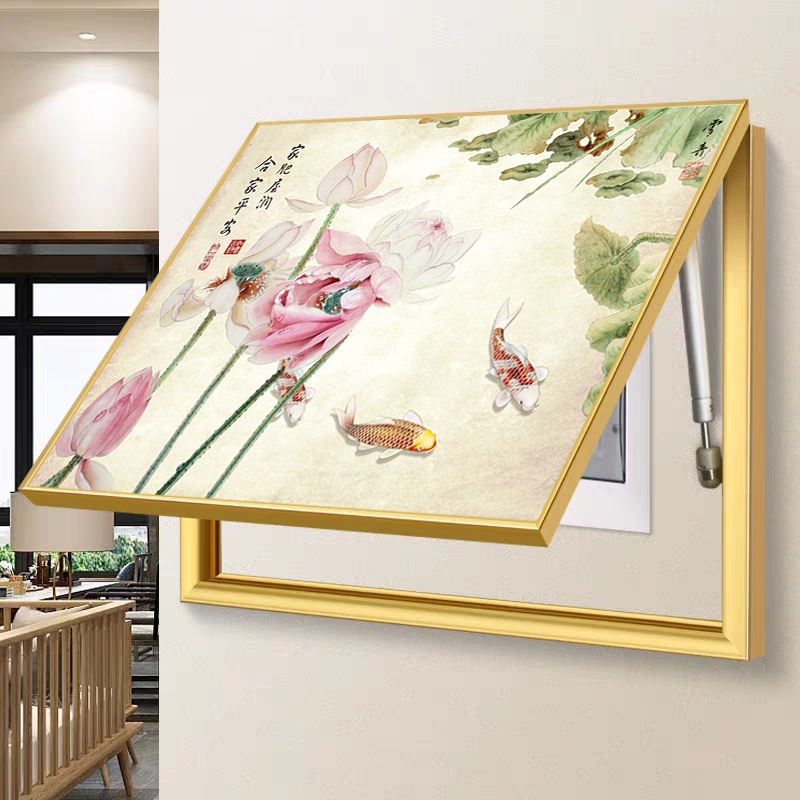 网红新中式电表箱装饰画荷花遮挡挂画晶瓷莲花配电箱电闸箱盒家里图片