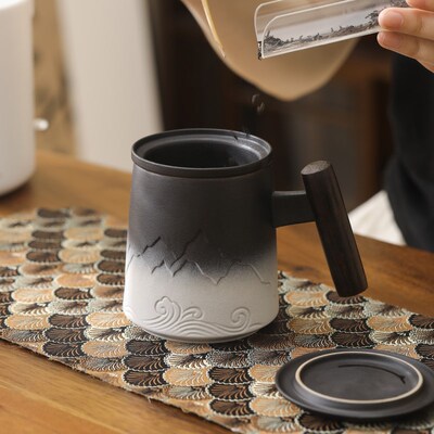 千里山河陶瓷泡茶杯水杯子高档茶水分离大容量带盖马克杯logo定制