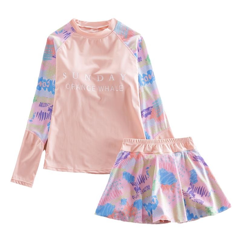 女大童长袖防晒泳衣儿童分体裙式平角裤学生泳装13女孩游泳衣15岁