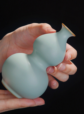 青澹汝窑葫芦瓶摆件客厅博古架装饰景德镇小花瓶陶瓷复古汝瓷开片