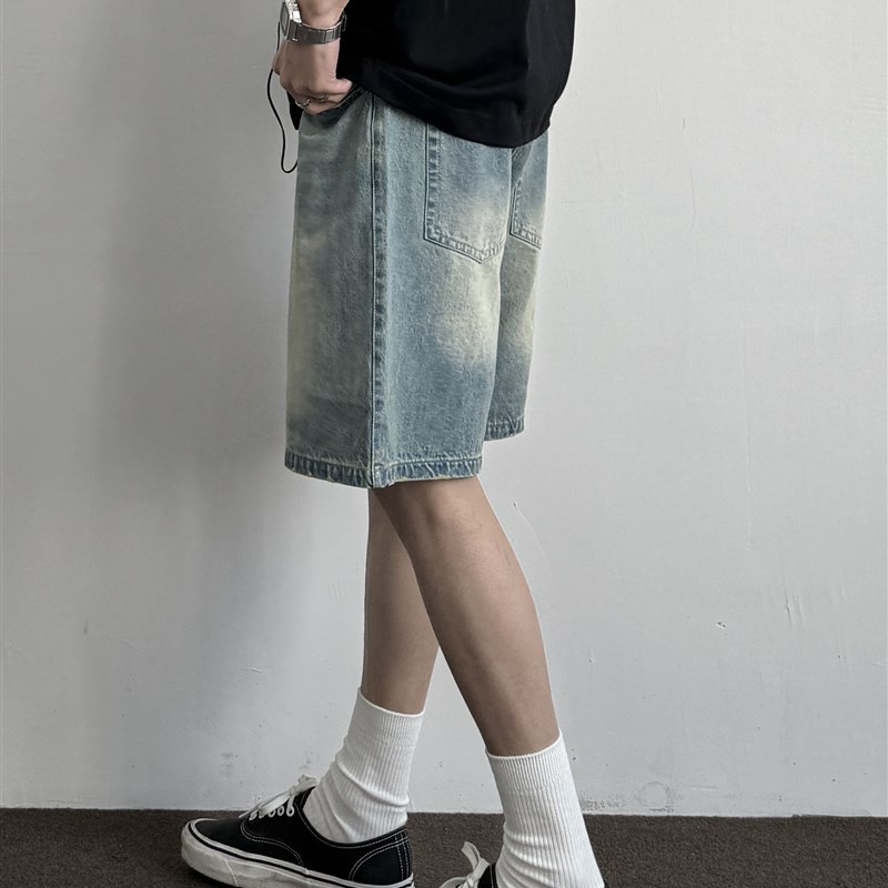 ONUN 复古水洗直筒牛仔短裤美式做旧基础百搭宽松硬挺休闲五分裤