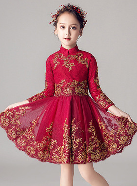 大码胖女孩红色晚礼服公主裙女大童蓬蓬纱花童钢琴演出服小主持人