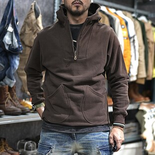 500G重磅美式半拉链卫衣男秋冬季连帽加绒加厚保暖厚实工装外套男