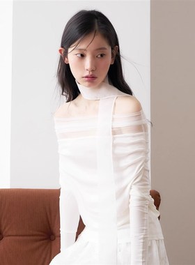 RECIT 白色弹力网纱飘带假两件一字肩上衣+蕾丝绣花半裙两件套装