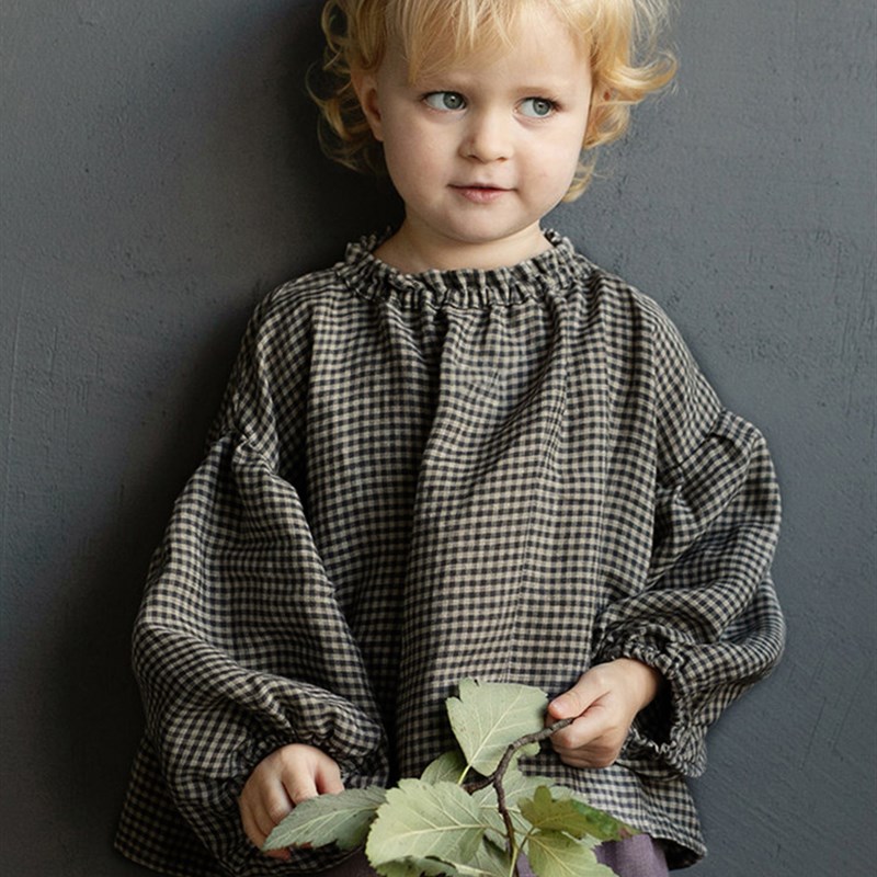 女童装纯棉长袖黑白格子衬衫秋季木耳领宽松洋气可爱灯笼袖上衣