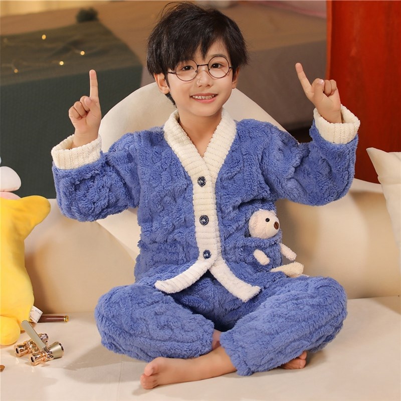 2023秋冬季儿童珊瑚绒睡衣男童家居服男孩法兰绒加厚加绒冬款套装