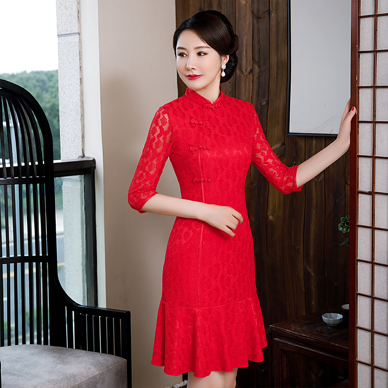 蕾丝旗袍连衣裙女夏秋2021新z款年轻款改良短款婚宴礼服敬酒鱼尾