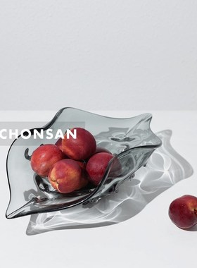 高级现代简约玻璃水果盘样板房酒柜摆件样板房间软装琉璃托盘摆设