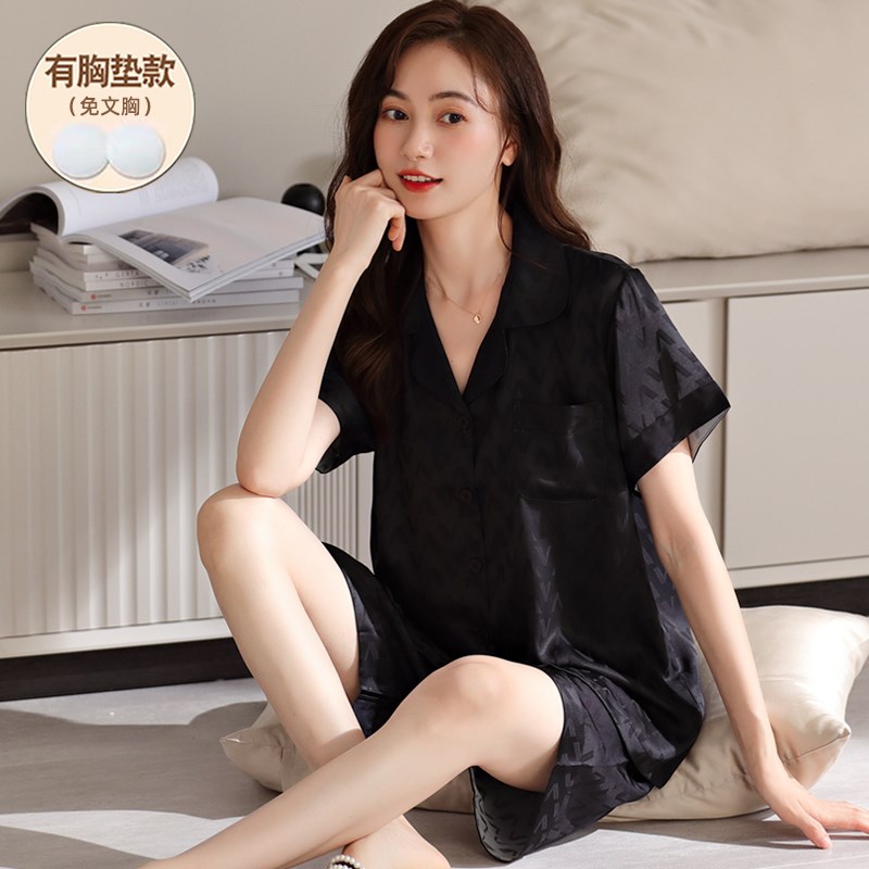 睡衣女款带胸垫夏季冰丝凉感短袖休闲黑色高级感套装可.外穿家居