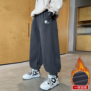 男童加絨運(yùn)動褲 寬松休閑兒童男孩一體絨加 束B腳韓版 2024秋冬新款