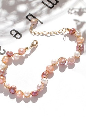 淡水珍珠双层手链环镯简约百搭加长调节链时尚正款上新品生日礼物