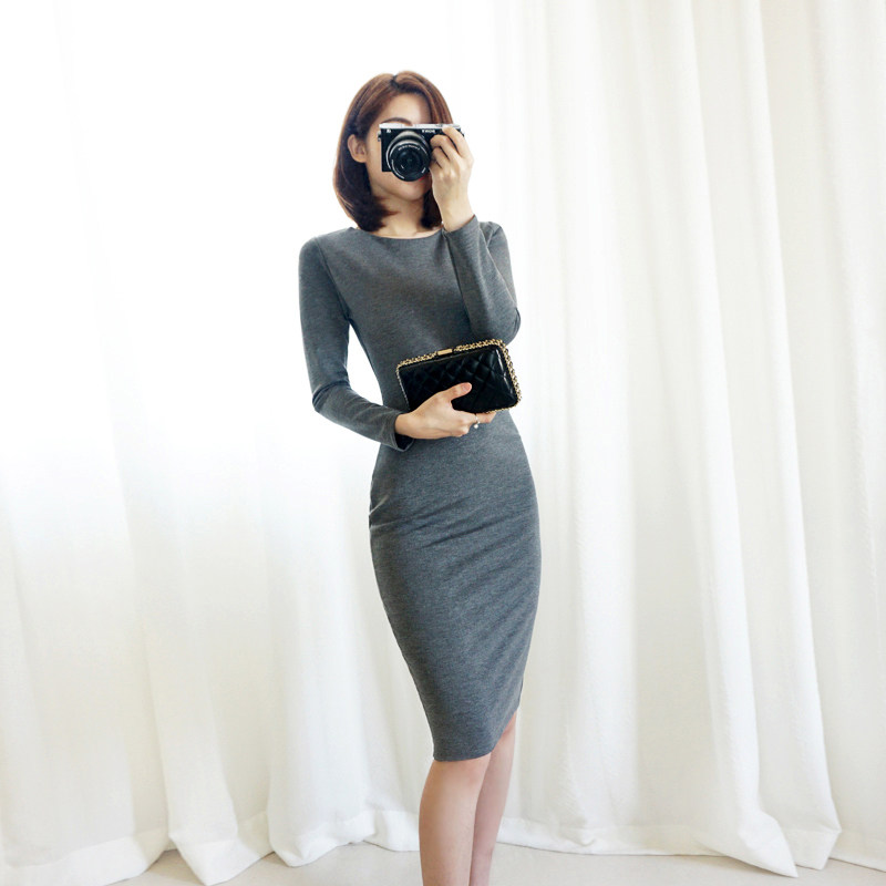 2021秋新款职业长袖紧身气质修身收腰显瘦包臀中长款连衣裙打底裙