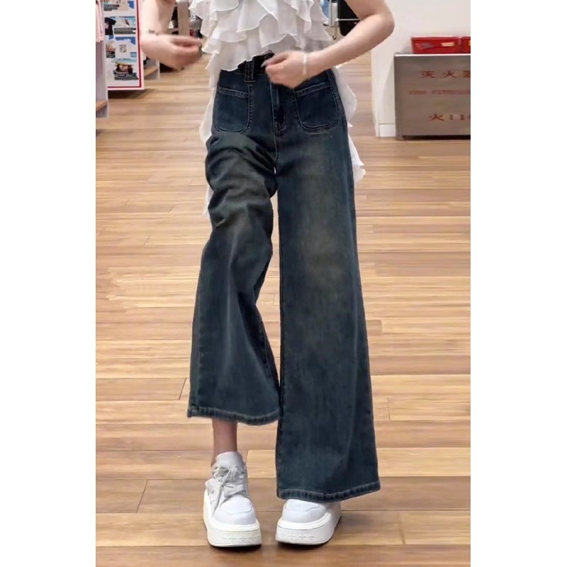 复古直筒牛仔裤女高腰春秋新款大码胖mm梨形身材宽松显瘦阔腿裤子