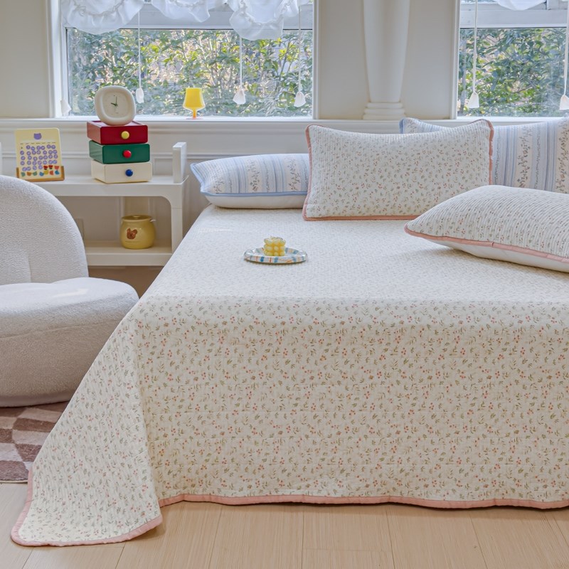 韩式小清新床盖三件套纯棉砂洗夹棉绗缝榻榻米床垫1.8全棉四件套