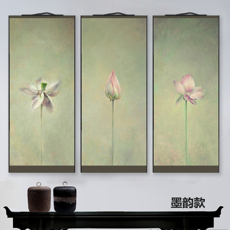新中式荷花图挂画客厅装饰画入户玄关卧室丝绸卷轴画书房廉洁挂画图片