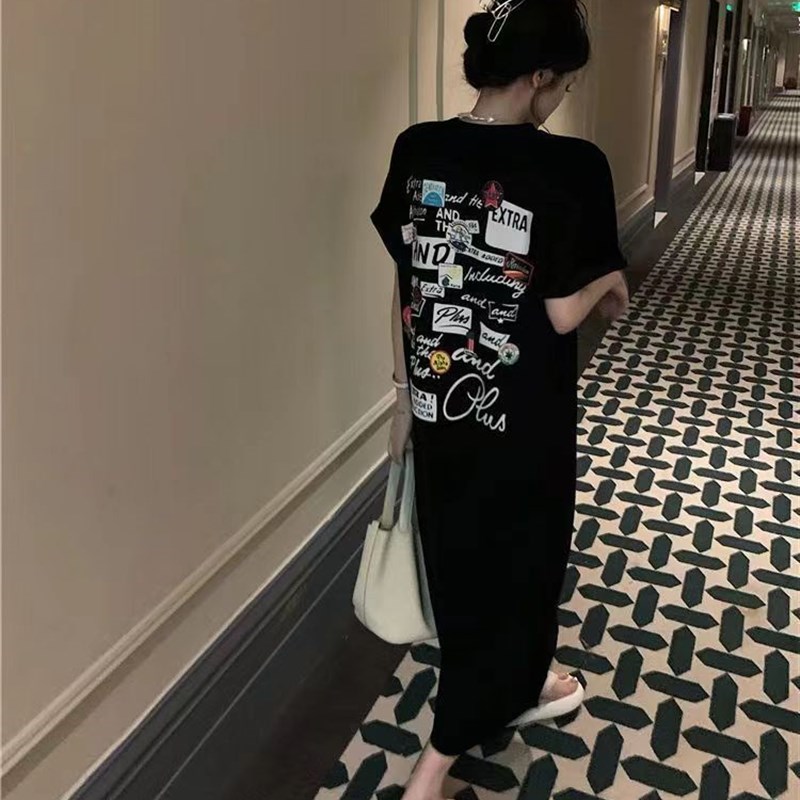 孕妇懒人中长款过膝T恤睡衣夏装纯棉宽松外穿短袖居家服连衣裙女