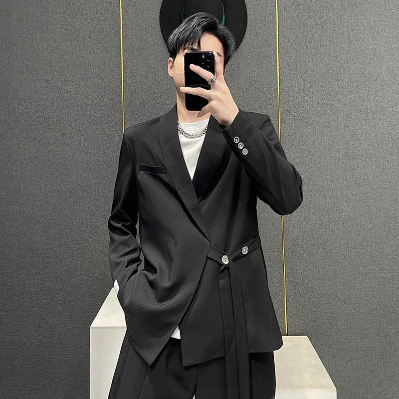 设计感绑带西装外套阔腿裤两件套男2025新款高级感宽松休闲套装潮