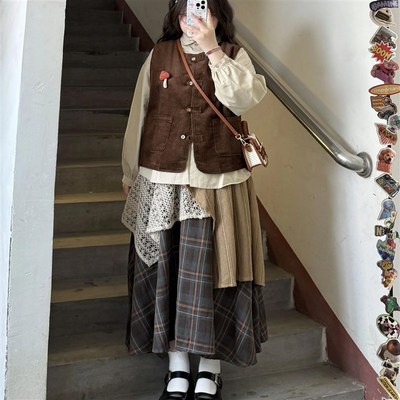 复古森系套装女春秋新款小个子原宿风灯芯绒针织马甲背心长袖衬衫