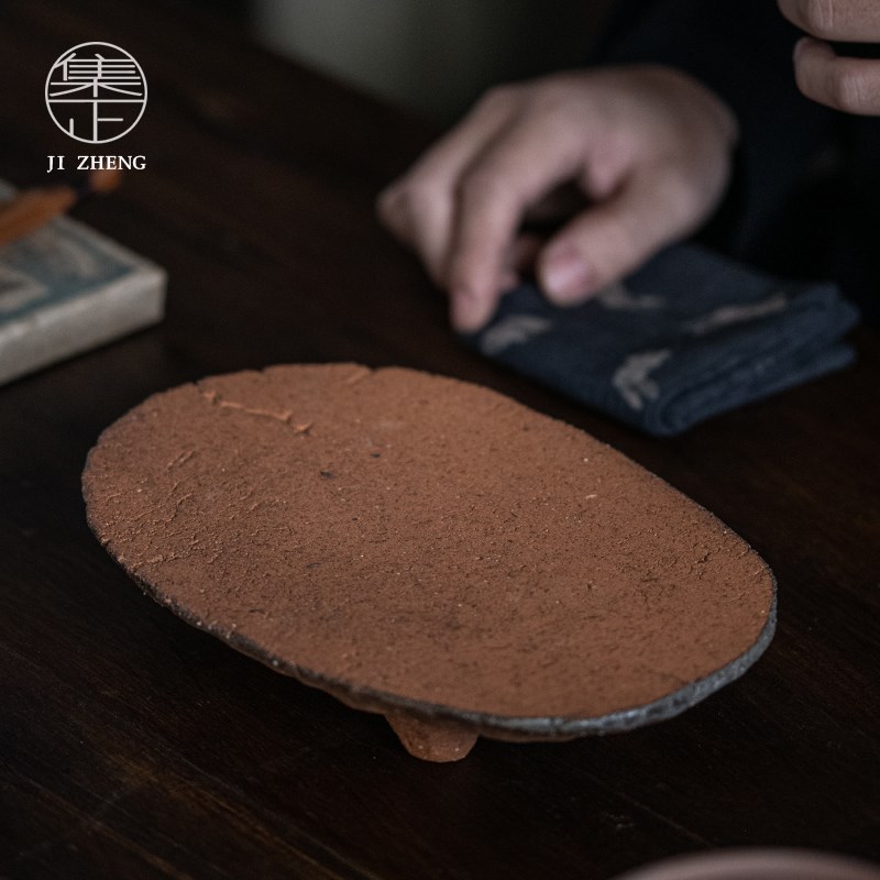 集正 功夫茶具干泡台 匣钵泥小茶台日式家用复古粗陶吸水茶盘粗犷