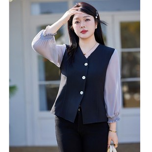 高级感小衫 2025春装 胖mm开衩7分袖 气质V领收腰显瘦大码 上衣女 新款