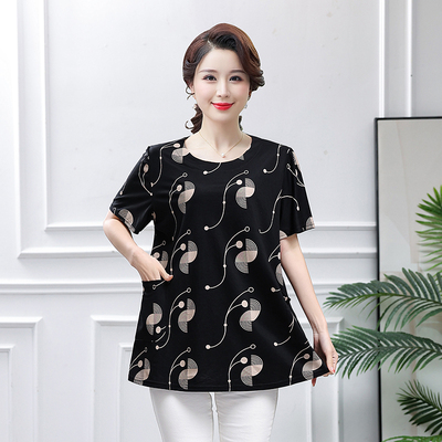 中老年人妈妈夏装短袖t恤小衫加肥加大码中年女士洋气遮肚薄上衣5
