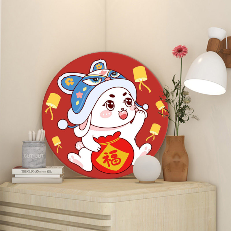 招财猫diy数字油画填充油彩画手工绘画兔子圆形丙烯画挂画装饰画图片