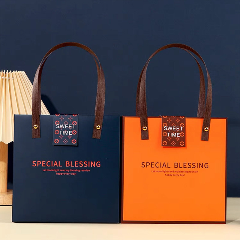 新款老花横版丝带手提盒橙/蓝色4/6/8粒蛋黄酥月饼礼品包装带隔层