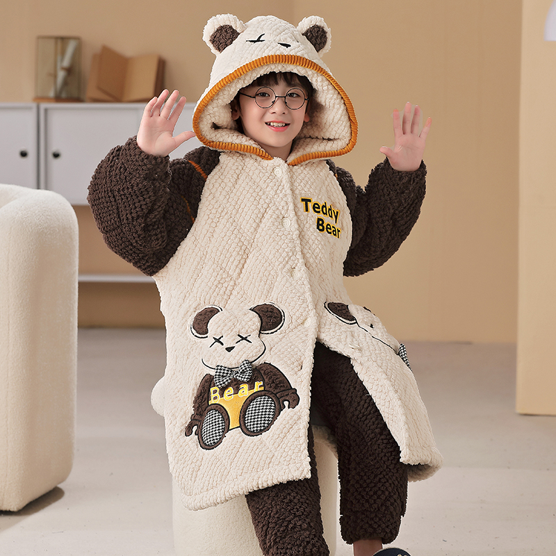 儿童三层夹棉睡衣冬季加厚冬款男童珊瑚绒男孩加绒长款睡袍家居服