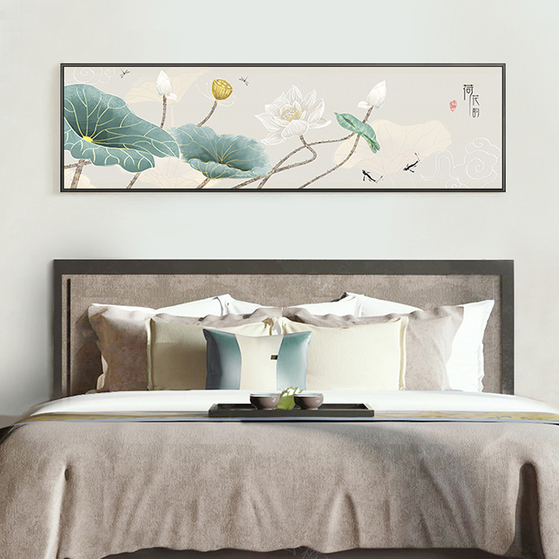 新中式卧室床头装饰画客厅沙发背景墙挂画荷花横幅画花开富贵壁画图片