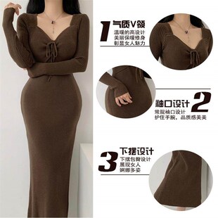 针织连衣裙女秋冬2024新款轻奢高级感法式扭结绑带修身显瘦包臀裙