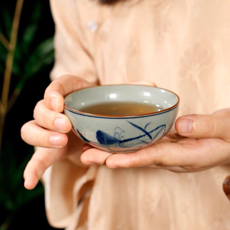 景德镇陶瓷老陶泥柴烧手绘出水芙蓉普洱杯主人茶杯个人专用大容量