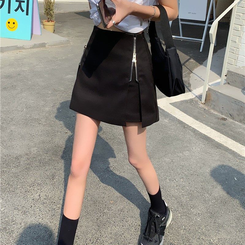 黑色大码高腰港风双拉链工装短裤女夏季胖mm显瘦a字西装裤裙外穿