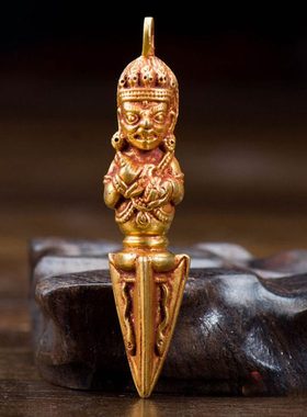 尼泊尔进口铜鎏金《二臂玛哈嘎拉》 金刚撅金刚杵摆件6.7cm