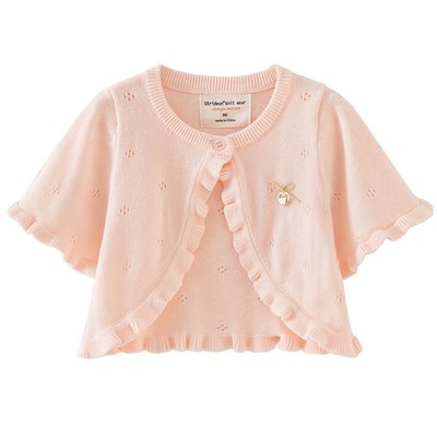 宝宝纯棉小披肩儿童圆领木耳边针织开衫短袖女童夏季薄款空调衫