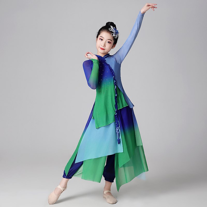 儿童一条大河舞蹈演出服桃李杯蓝色渐变色女子群舞艺考扇子表演服