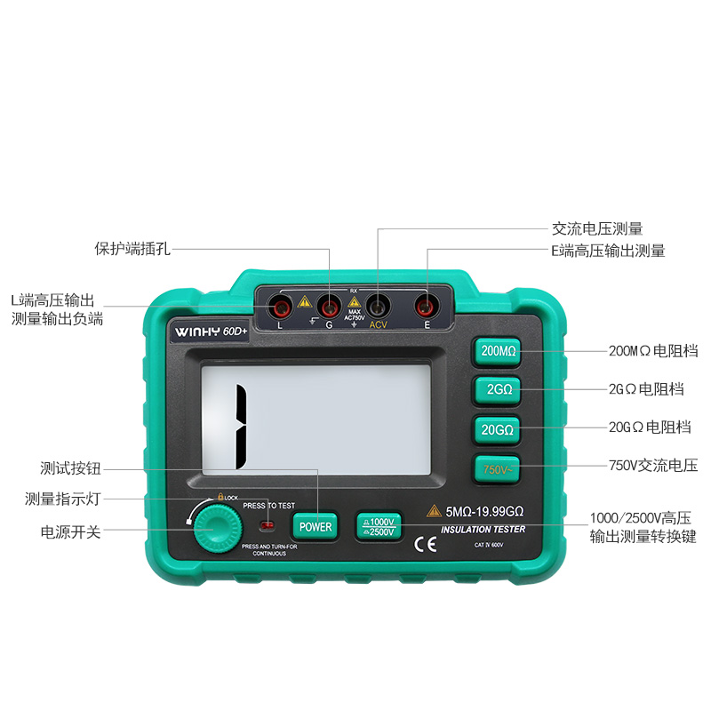 汉研VC60B+D+数字高压兆欧表1000V/2500V绝缘电阻测试仪 摇表